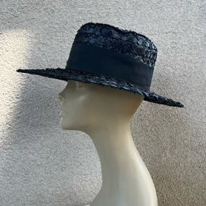 Vintage 60s Eva Mae Modes brim black cello straw grosgrain ribbon sz 21.5” USA